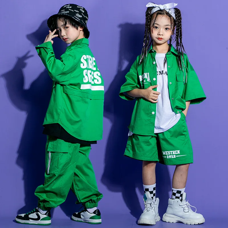 키즈 Kpop 힙합 의류 그린 셔츠 티 탱크 탑 스트리트웨어 카고 조깅 바지 반바지, 소녀 소년 재즈 댄스 의상 의류