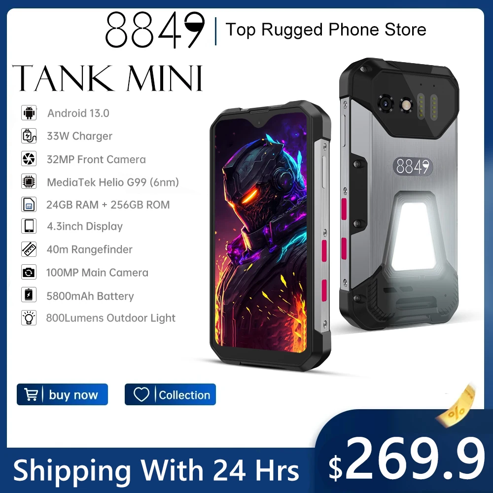 8849 Tank Mini Rugged Smartphone 24Gb 256Gb 5800Mah Batteria 100Mp Fotocamera Android 13 Cellulare Cellulare Impermeabile Da 4.3 Pollici