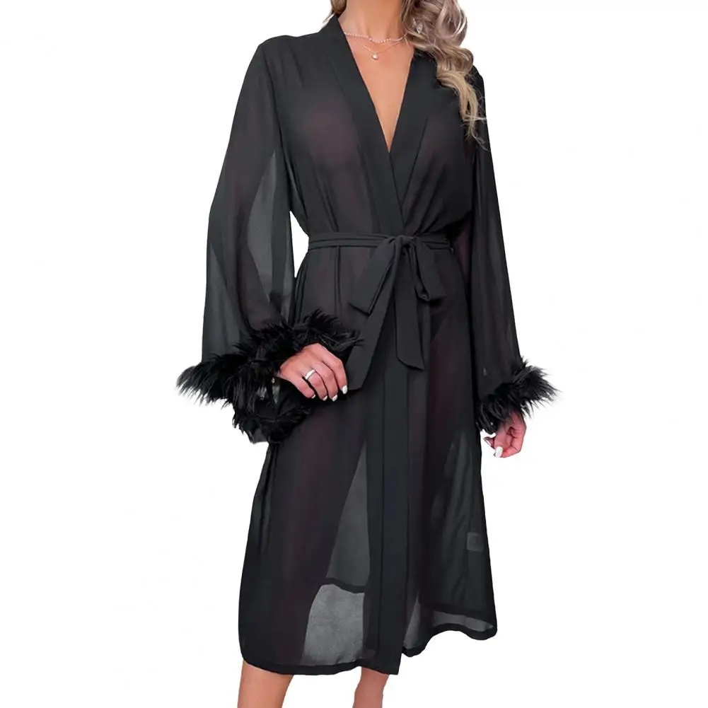 Female Sexy Lingerie Silky Satin Sleepwear Women Night Gown Robe With Bathrobe Long Sleeve Nightdress Trim Sheer Mesh Robe