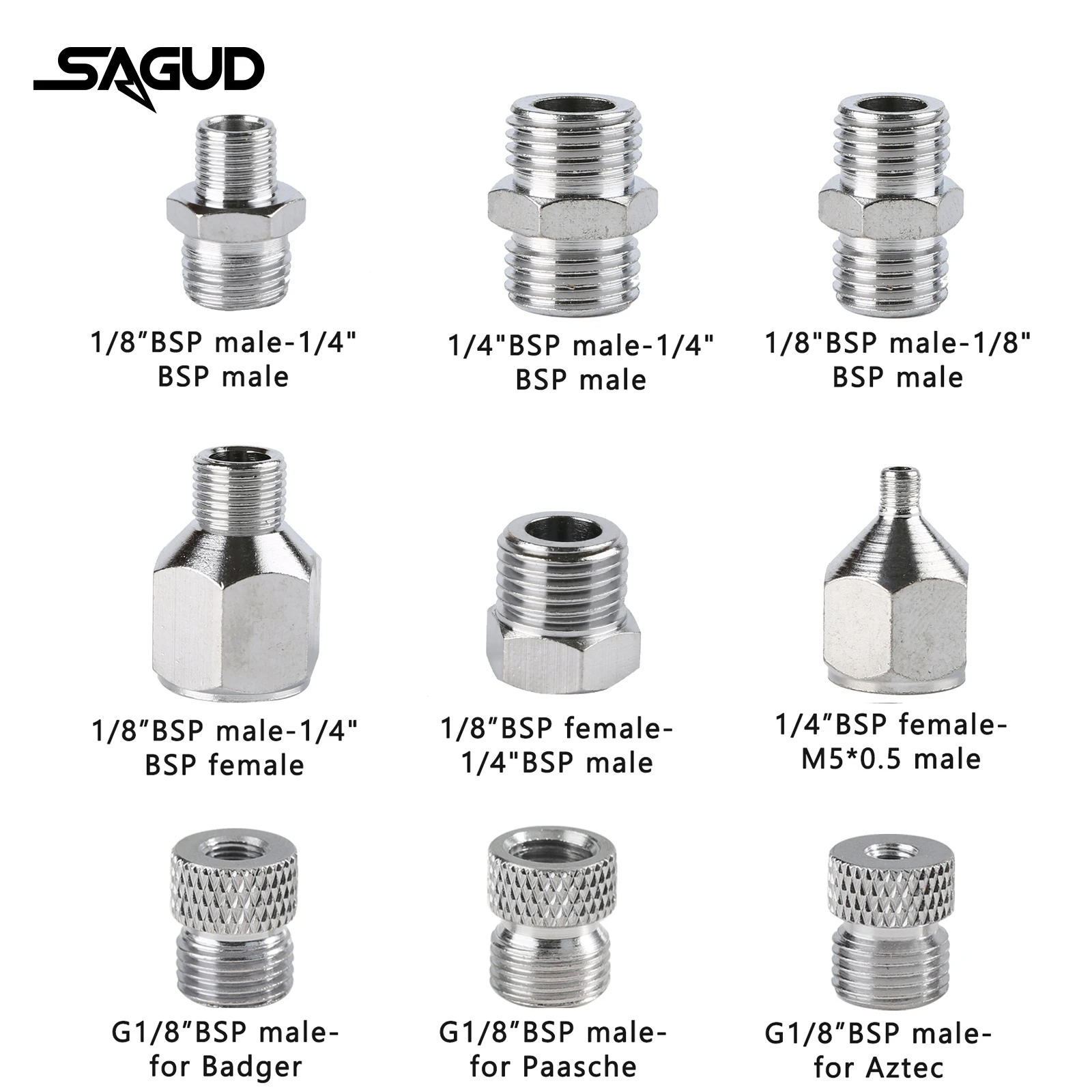 SAUGD 9PCS/Set Airbrush Adaptor Fitting Accessories Replacement Kit Coupling Connector Tool For Compressor and Air Brush Hose 2