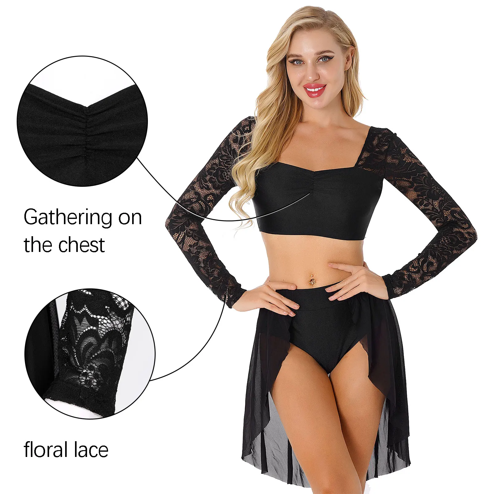 Womens Two-piece Lyrical Dance Costume Outfits Floral Lace Long Sleeve Pleated Crop Top with Skirted Briefs