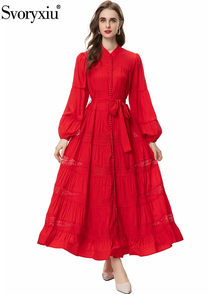 

Svoryxiu Runway Fashion Summer Party Red Elegant Long Dress Women's Stand Collar Button Lantern Sleeve Gorgeous Big Swing Dress