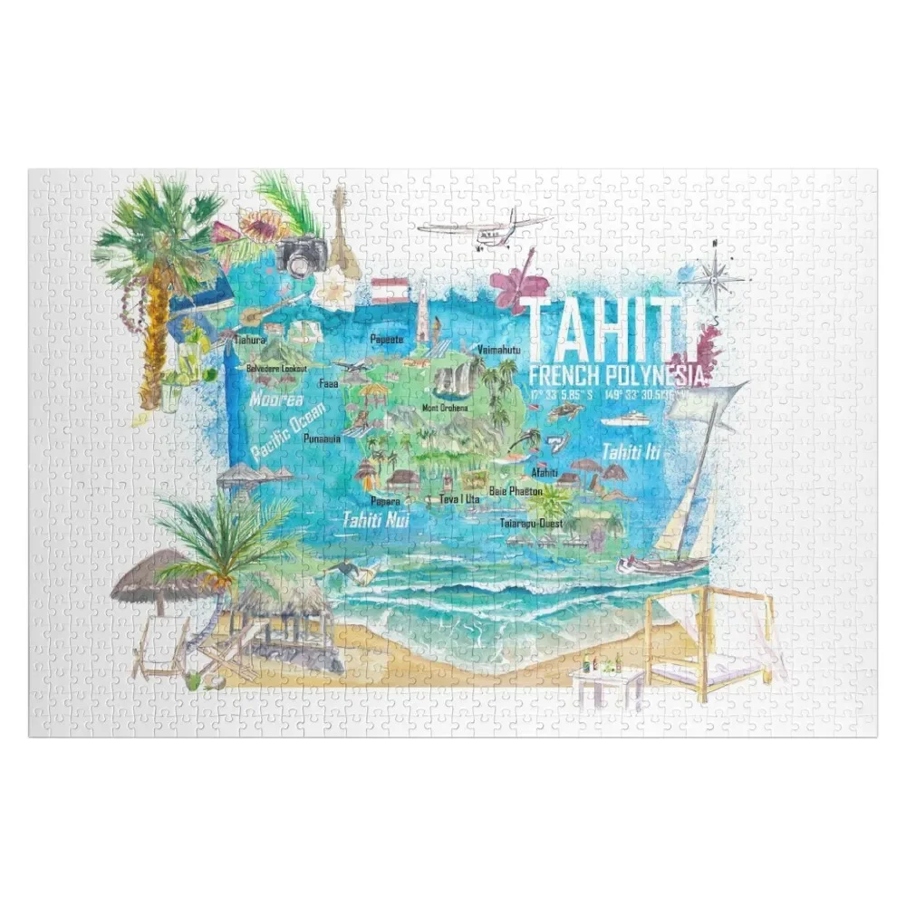 Tahiti Illustrated Travel Map with Roads and Highlights Jigsaw Puzzle Personalized Gift Ideas Jigsaw Custom For Children Puzzle