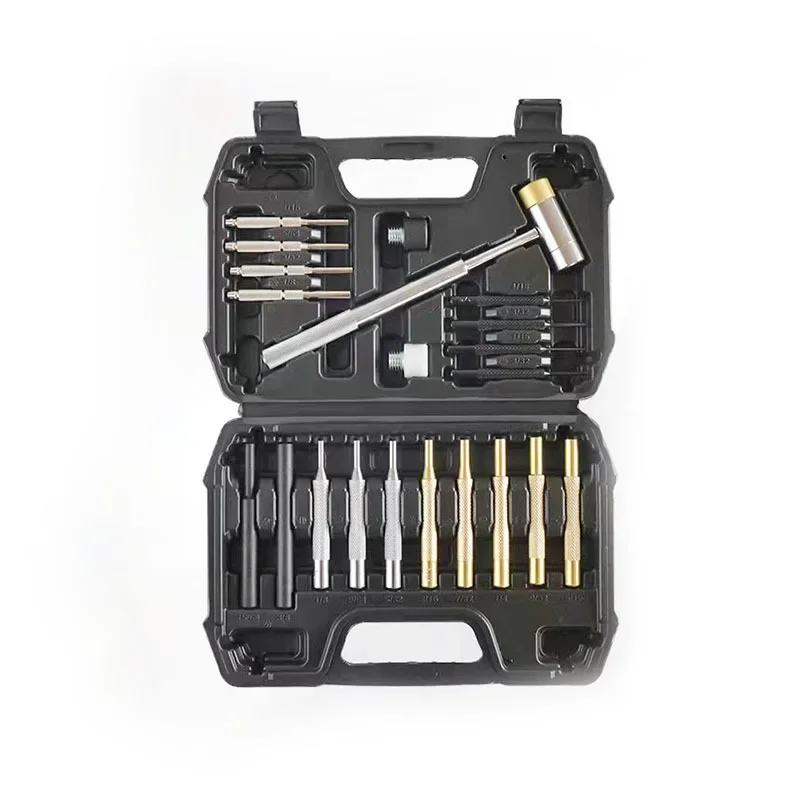21 Stück/Set Pistolenmacher-Stanzwerkzeuge aus massivem Material, einschließlich Stahlstanzer und Hammer mit Bankblock-Rollstift-Stanzset – Detail 1