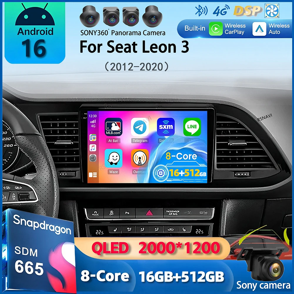 Radio para coche Android 16 Carplay para Seat Leon 3 2012 2013 2014 2015 - 2020 Navegación GPS Reproductor Multimedia estéreo wifi+4G Auto BT 1