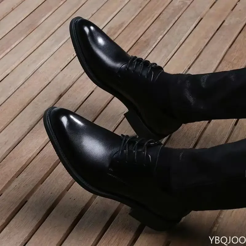 Breathable Lace Up Groom Wedding Shoes Men's Leather Shoe British Business Dress Pointe Toe Heigh Increasing Insole Non-Slip man
