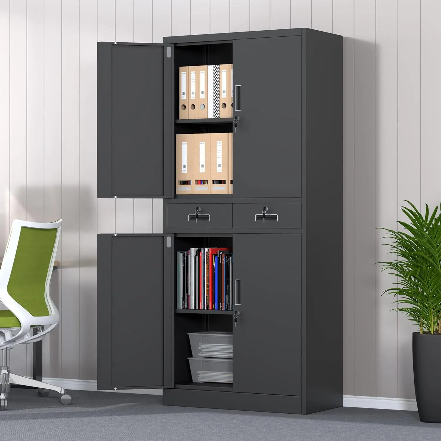 Metal Storage Cabinet with Locking Doors and Adjustable Shelves, Lockable Storage Cabinets with Drawers for Home Office Garage 4