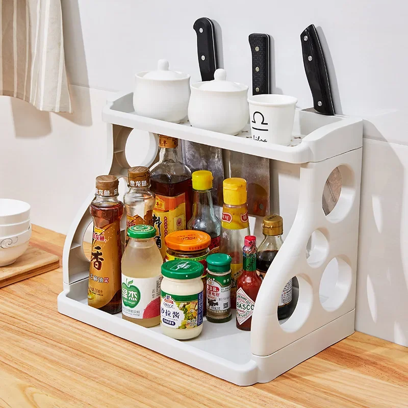 

Multi-purpose kitchen shelf double plastic ground kitchen seasoning rack detachable porous tool storage rack