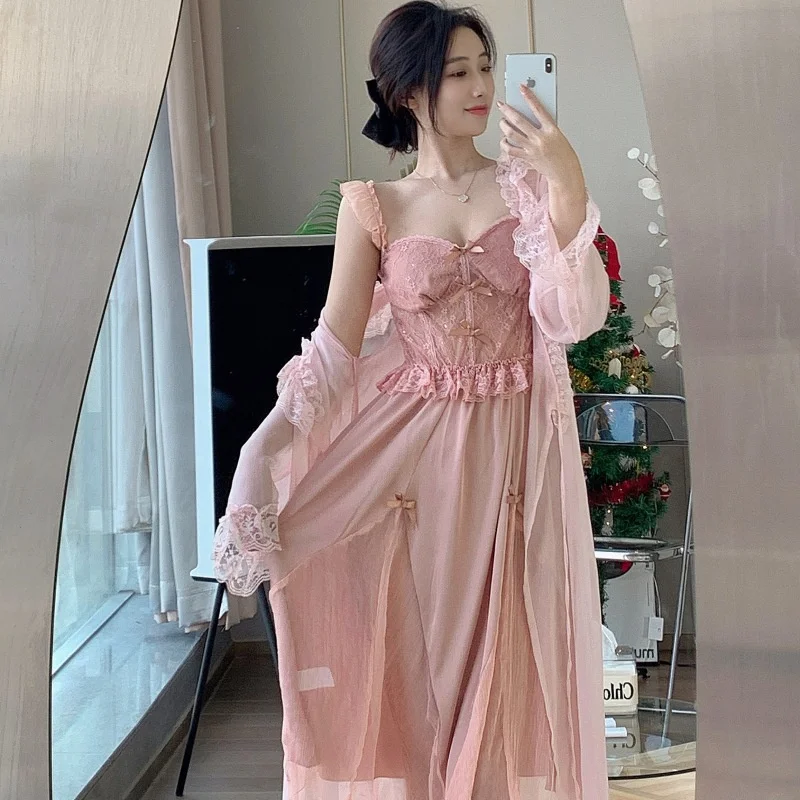 Summer Long Wedding Twinset Robe Set Nightgown Patchwork Lace Suspender Nightdress Bathrobe Gown Loose Silk Satin Home wear