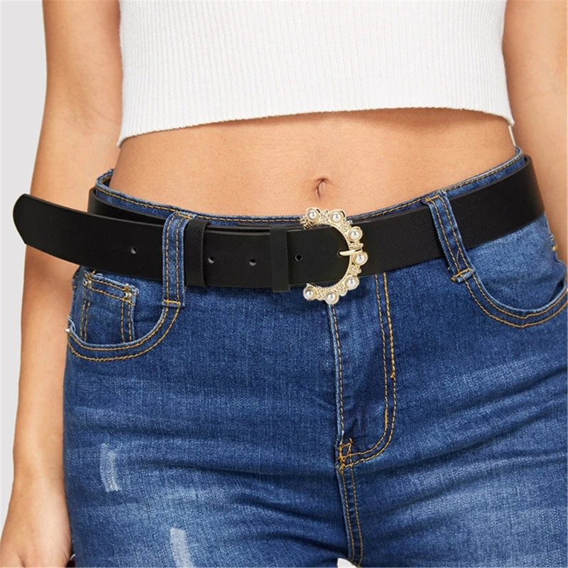 

Half Circle Pearl Buckle Belt for Women Simple Pin Buckle Waiststrap All Matching Female Waistband Fashion Accessories