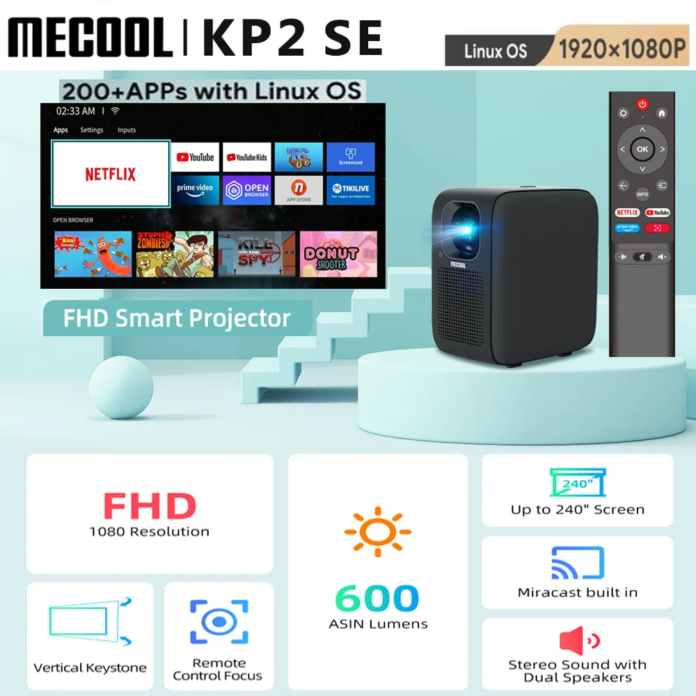 [Genuine] Mecool Kp2 Se Projector Versione Globale Con Dhl 1080P Home Theater Netflix Certified Wifi Fhd 2.4G/5G Auto Focus Linux