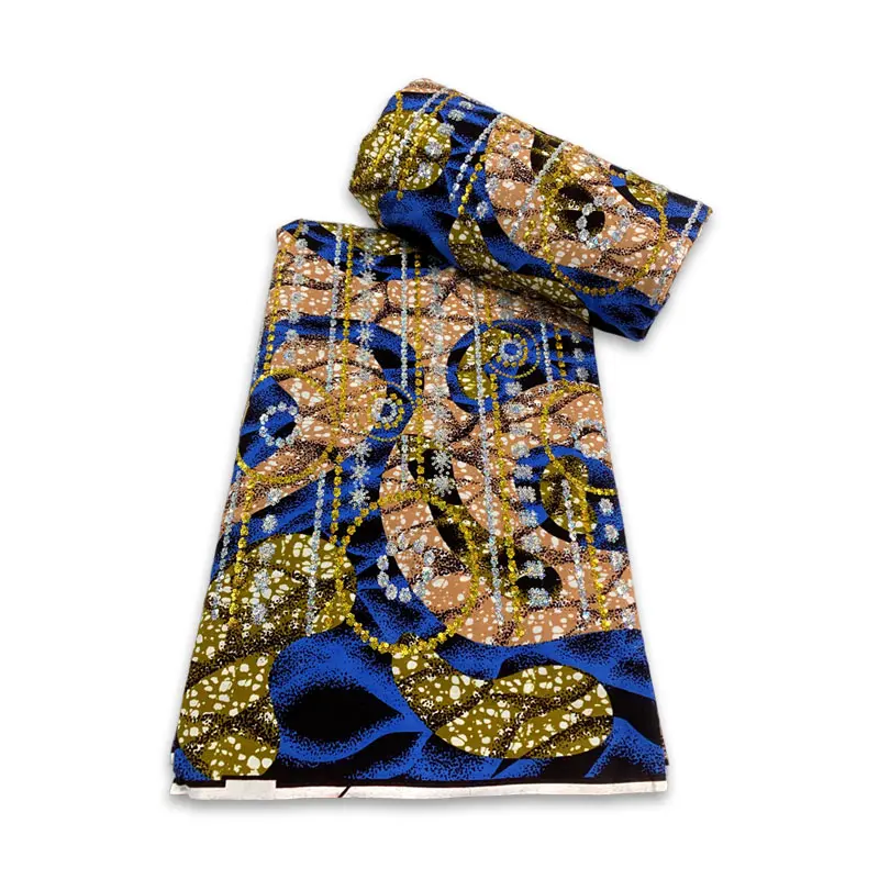 

African Sequins Wax Fabric Ankara Batik 6Yards Pagne Glitter Wrapper Green Color For Sew