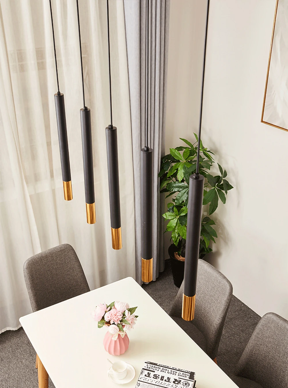 GU10 LED Pendant Lamp Long Tube Brushed Finish with Round Chassis Indoor Kitchen Island Bar Black White Gold Hanging Light