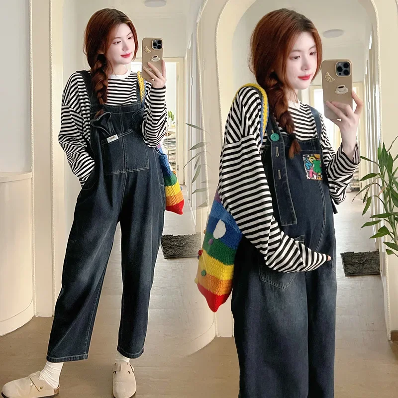 데님 비브 임산부 루즈핏 점프수트, 하렘 바지, 긴팔 티셔츠, 상의 세트, 가을 신상