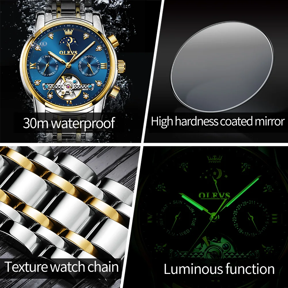 OLEVS 6678 Automatic Men's Watch Luxury Moonswatch Mechanical Watch For Men Top Brand Waterproof Hollow Skeleton Man Wristwatch