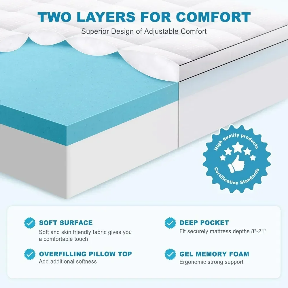 Dual Layer Memory Foam Mattress Topper, 2 Inch Gel Memory Foam and 2 Inch Cooling Pillow Top Mattress Pad Cover for Back Pain