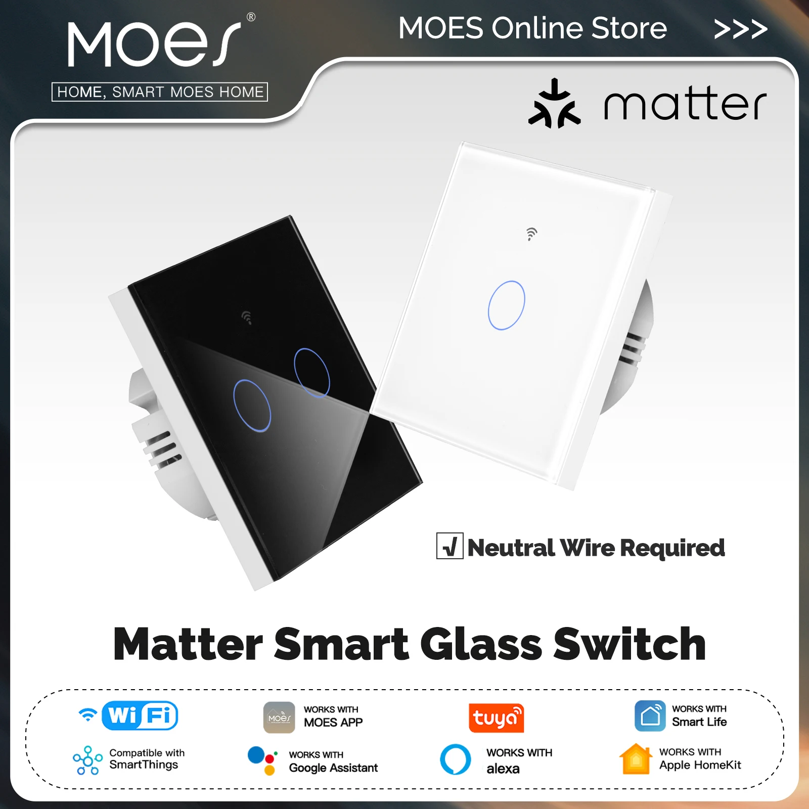 MOES Matter Tuya WiFi สมาร์ทสวิตช์ไฟกระจก Touch Control ทนไฟ Neutral Wire ต้องใช้ Alexa Google Home HomeKit 1