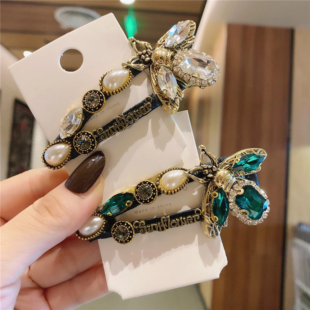 Horquilla de girasol de abeja Vintage para horquilla de cristal verde hecha a mano, pinzas para el pelo BB de insectos bonitos, joyería, accesorios para mujer|Joyería para el - AliExpress