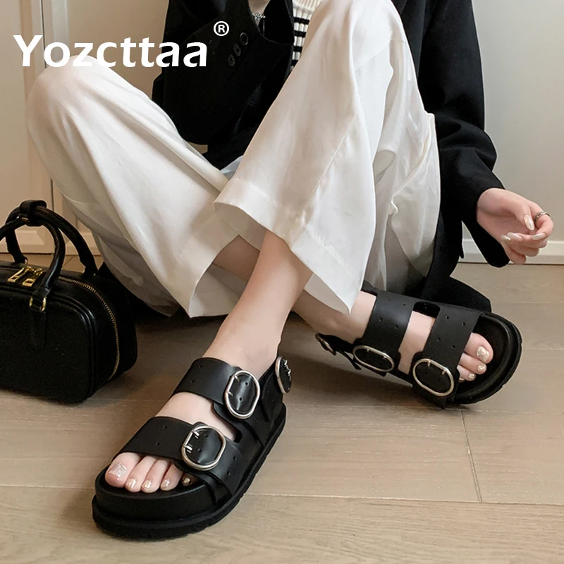 

Yozcttaa Size 35-40 Women Flats Sandals Real Leather Buckle Strap Mid Heels Platform Shoes Summer 2024 Ins Wedges Daily Dress