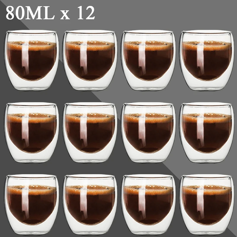 Tazza In Vetro A Doppia Parete Da 80Ml 2/12 Pezzi Trasparente Fatta A Mano Resistente Al Calore Bevanda Da Tè Whisky Set Da Vino Caffè Espresso Tazze 