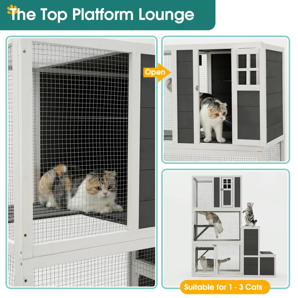 3-Tier Wooden Outdoor & Indoor Cat House Suitable for 1-3 Cats Cat Enclosure Resting Box with 4 Platforms and 2 doors