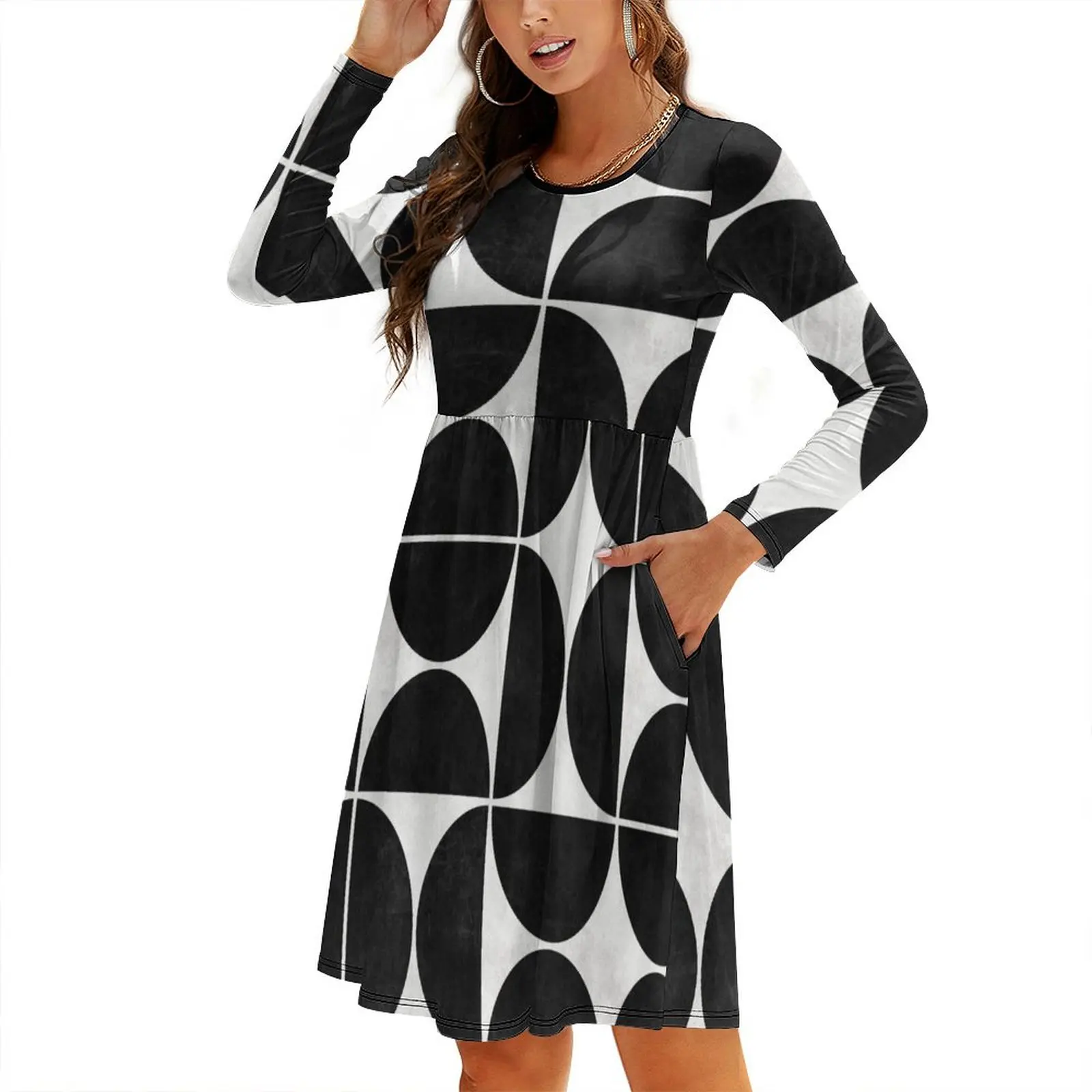 

Mid-Century Modern Pattern No.3 - Black and White Concrete Round Neck Baggy Dress women's fashion dresses Dresses