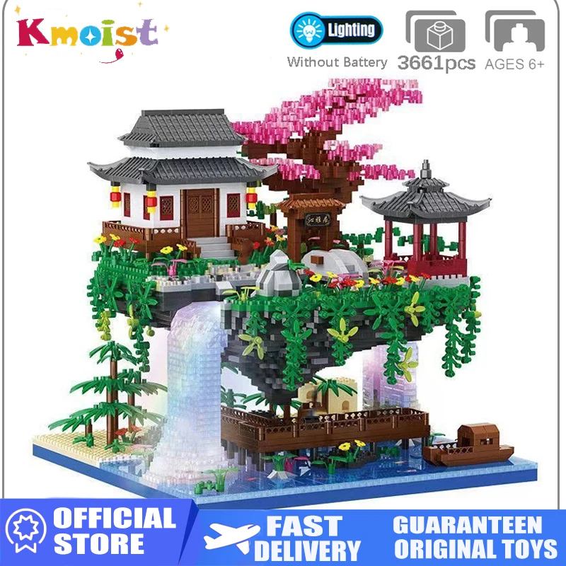 

Building Blocks Architecture Peach House Pavilion Waterfall River Led Light Mini Diamond Bricks Toy for Kid Gift DIY Room Decor