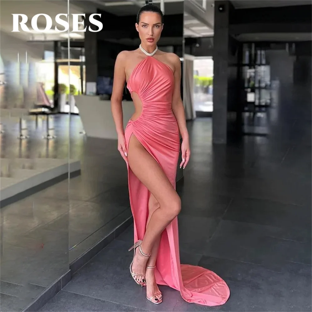 

ROSES Simple Pink Party Dress Halter Mermaid Wrap Hips Prom Dress with Pleats Sleeveless 프롬드레스 High Side Slit Evening Dresses