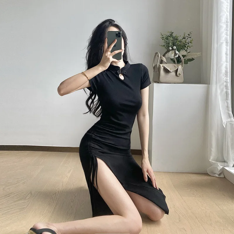 

Модное сексуальное женское платье, облегающее платье для зрелых, платье для ежегодного собрания, черное платье средней длины с разрезом, Qipao