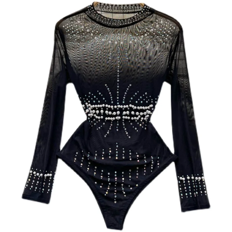2024 Fashion Design Beaded Sequins Light Luxury High-End Jumpsuit Women's Thin Temperament Slimming Inner Trendy Long Sleeve Top