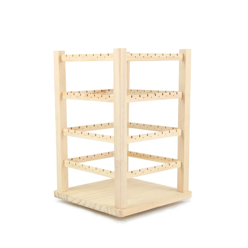 Rotating Wooden Earring Holder Display Stand Necklace Jewelry Organizer Tray Showcase Stand Storage Box 4 Layers