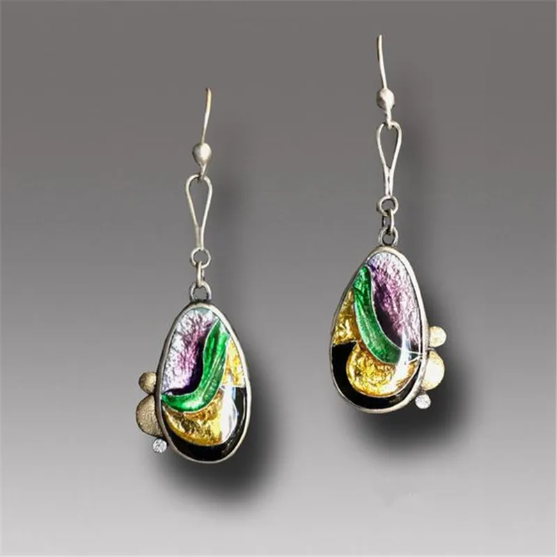 

New Ethnic Silver Color Metal Hook Earings Vintage Boho Multicolor Pattern Dangle Earrings For Women Wedding Bridal Jewelry Gift
