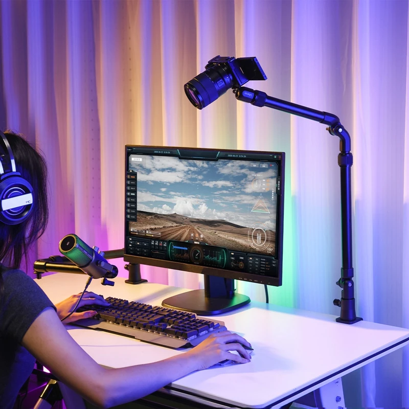 Ulanzi ZJ02 Camera Desk Mount with Holding Arm 4.8cm C-Clamp Flexible Adjustment Extend to 65cm Arm for Still Life Photography