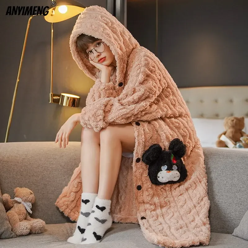 Nude Pink Teddy Fluffy Robes for Women Winter Thermal Hoodies Robe for Girl Kawaii Bear Bathrobe Woman Warm Lady Sleepwear