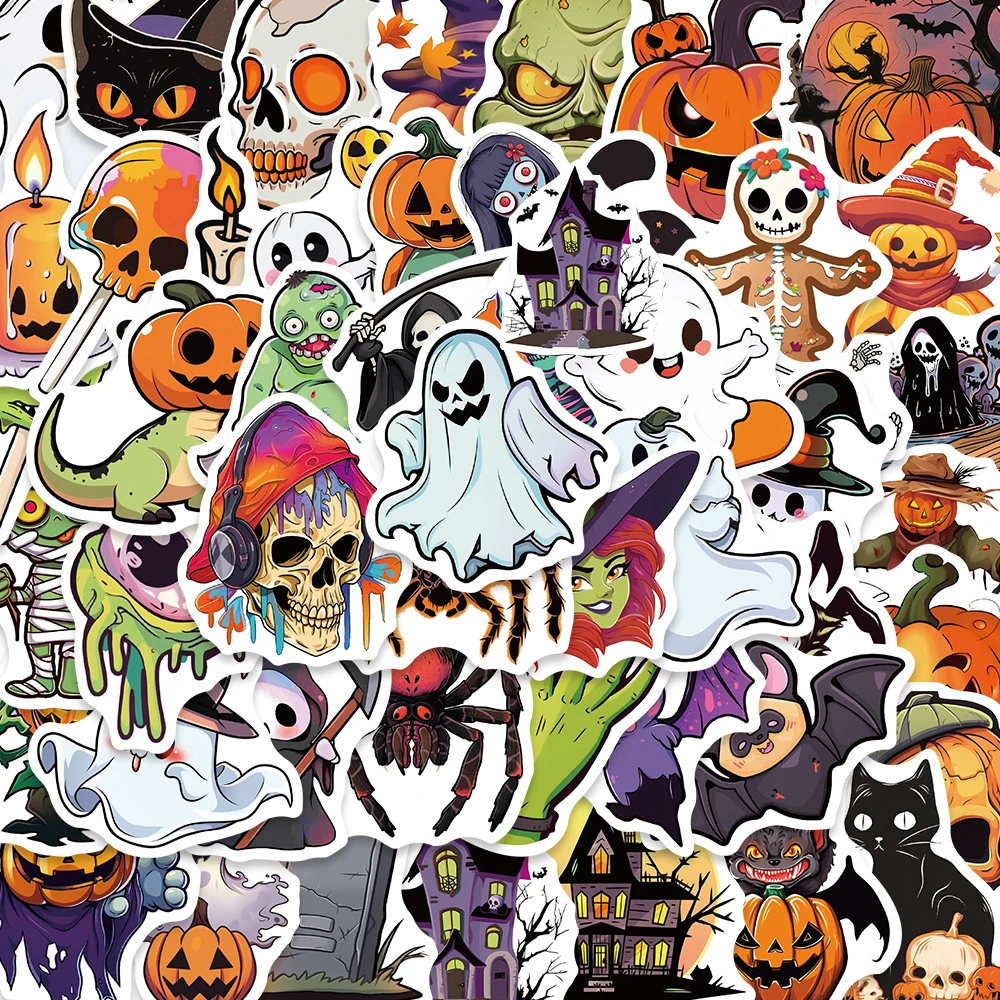

10/30/50pcs Horror Halloween Pumpkin Stickers Cartoon Skull Ghost Sticker Window Bottle Luggage Bike Kids Toys Decals Decorative