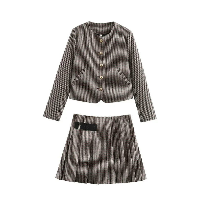Fashion Blazers Women 2 Pieces Mini Skirt Sets Plaid Long Sleeve O-neck Top Pleat A-line Skirts 2025 Two Piece Set Female Outfit