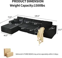 139" Cloud Sectional Sofa Deep Seat Modular L-Shape Frameless Corduroy Living Room 4-Seater Left Chaise Black Customized 2
