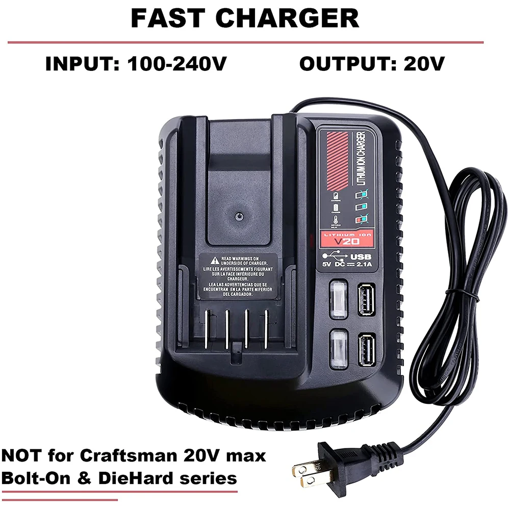 para Craftsman 20v 2a Li-ion Carregador de Bateria Cmcb102 Recarregável Ferramenta Elétrica 100v 240v Carregador de Bateria de Lítio com Usb Duplo - Image 3