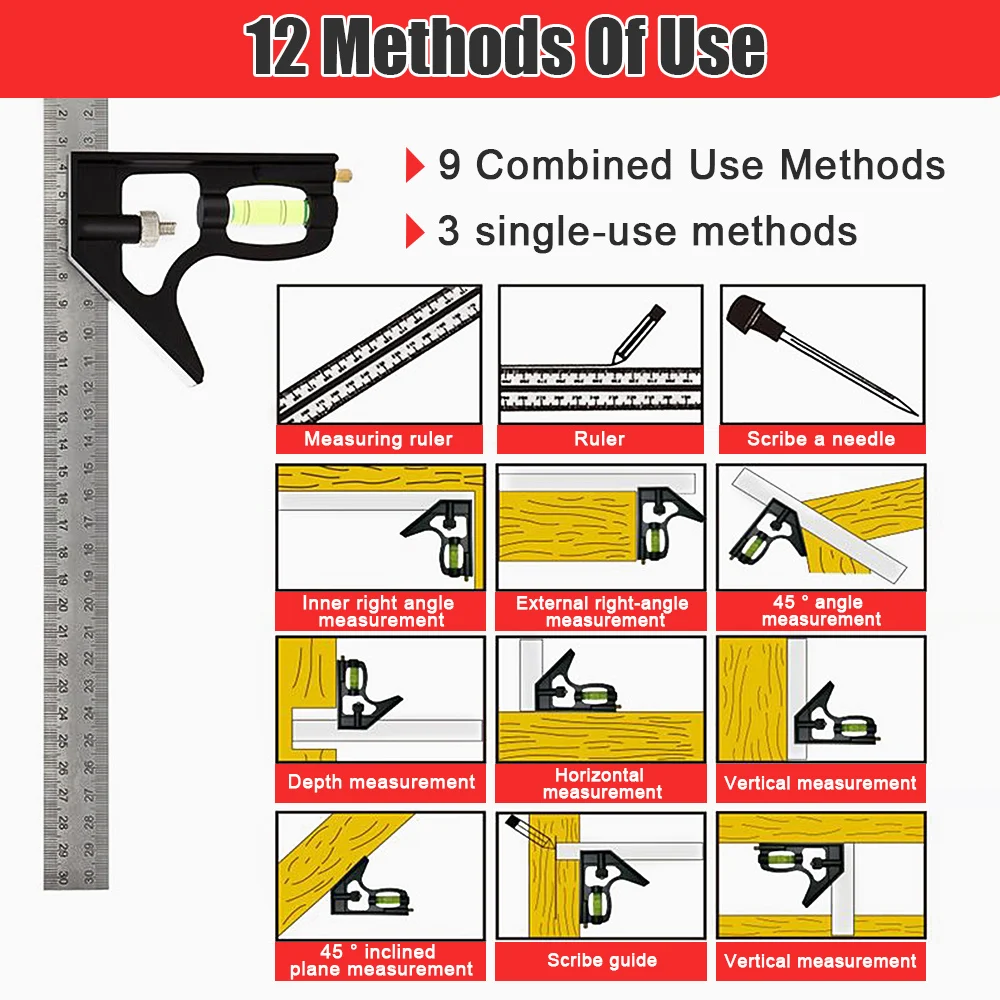 DIY Precise Stainless Steel Aluminum Measuring Tools Adjustable Woodworking Right Angle Ruler Protractor