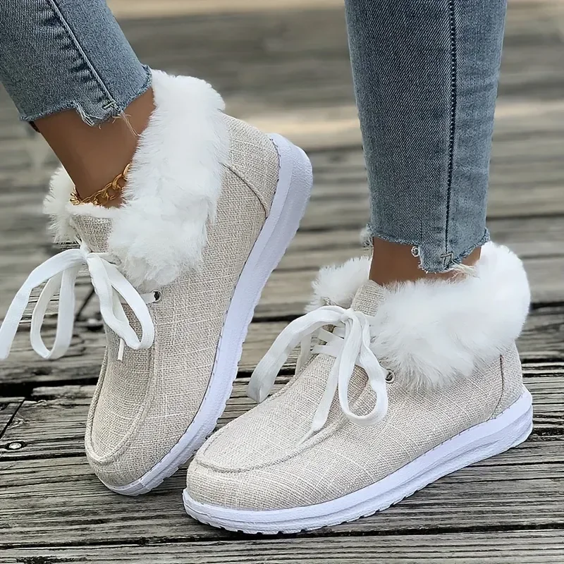 

NEW Snow Boots Women's Fluffy Plush Lined Canvas Shoes Casual Solid Color Lace Up Snow Boots Winter Warm Flat Shoes Plus Size 43