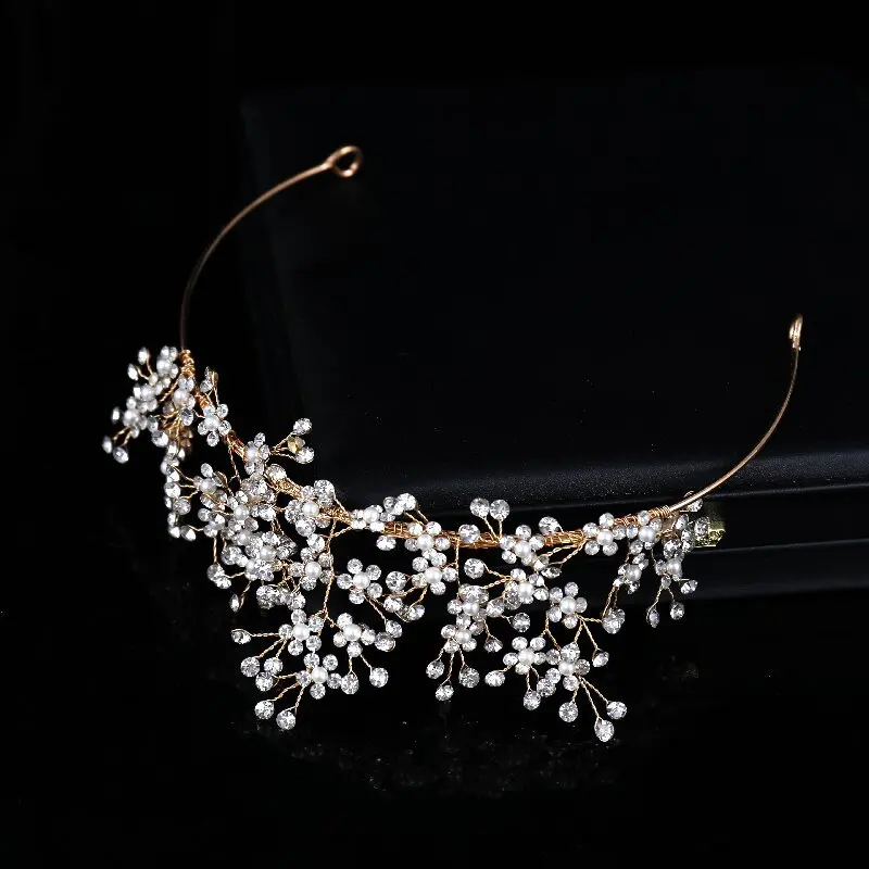Floralbride Handmade Rhinestones Crystal Pearls Flower Bridal Tiara Headband Bridal Hair Vine Women Jewelry Hair Accessories
