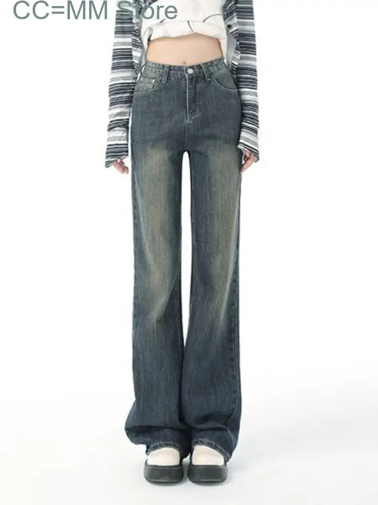 New Blue Vintage Jeans Women High Waist Straight Baggy Denim Pants Female Korean Fashion Loose Wide Leg Pants Winter