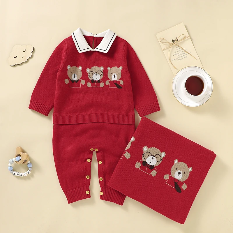 의류 세트 100% 코튼 니트 소녀 소년 Romper + 담요 귀여운 곰 긴 소매 Jumpsuit + 침구 이불