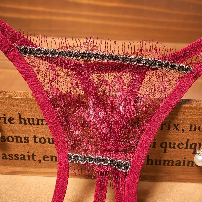 Women Panties Erotic Transparent Hollow Out Pearl Lingerie Ultra-Thin G-String Floral Lace Thongs