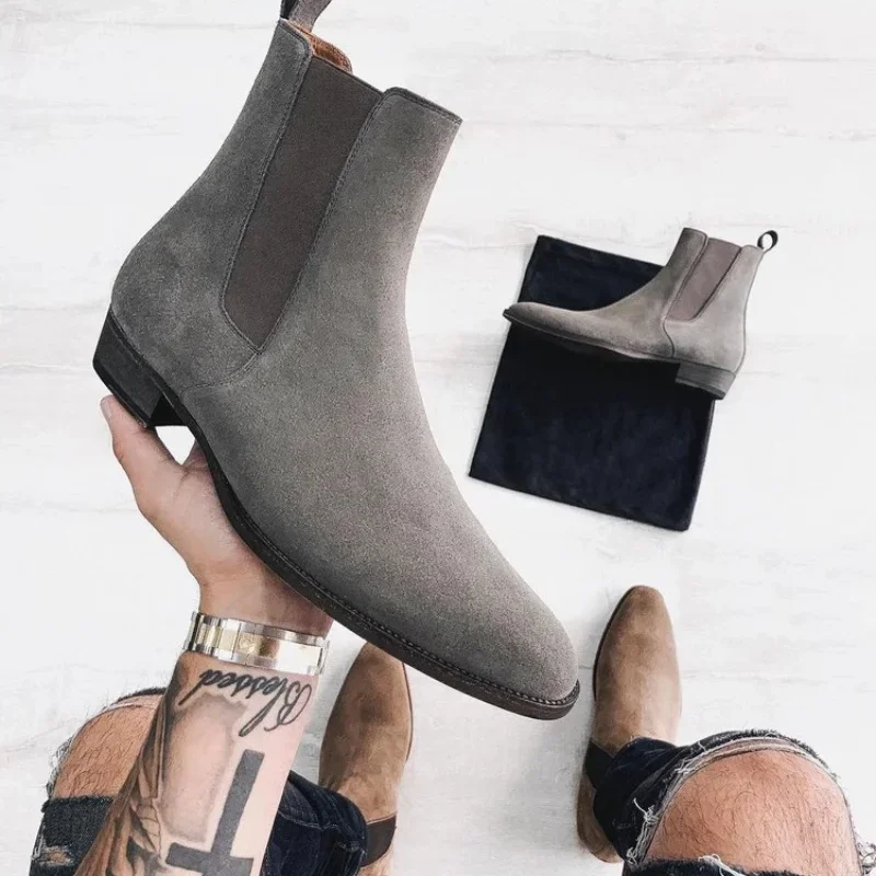 Men Chelsea Boots Flock Business Cowboy Handmade Size 38-46