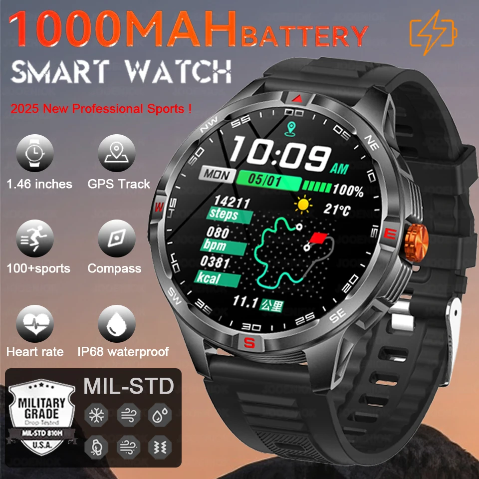 1000mAh Battery Smart Watch Men Compass IP68 Waterproof Bluetooth