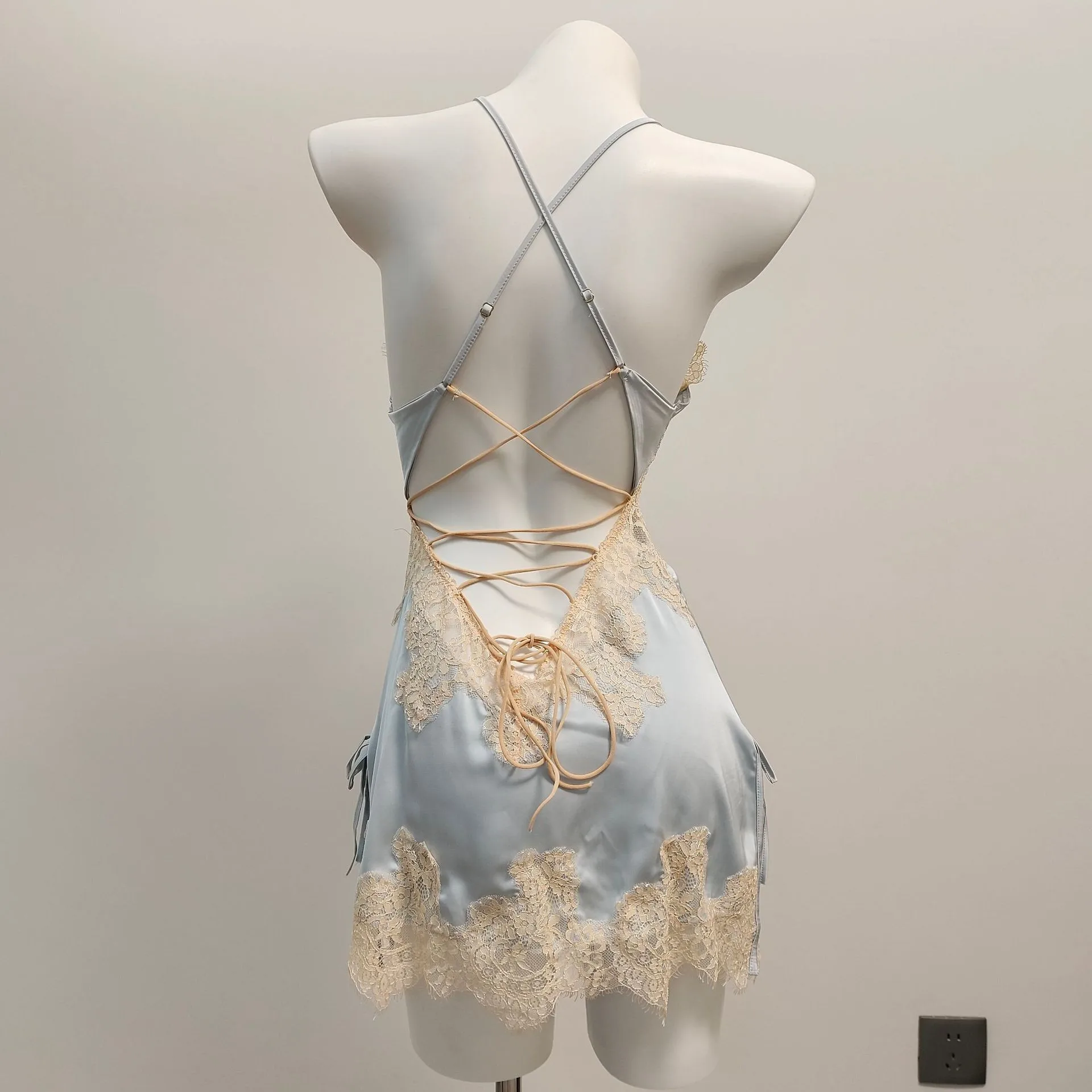 Women Sexy V-neck Lace Sleepwear Summer Ice Silk Home Clothes Suspender Pajama Female Hollow Out Nightdress Lady Strap Nightgown