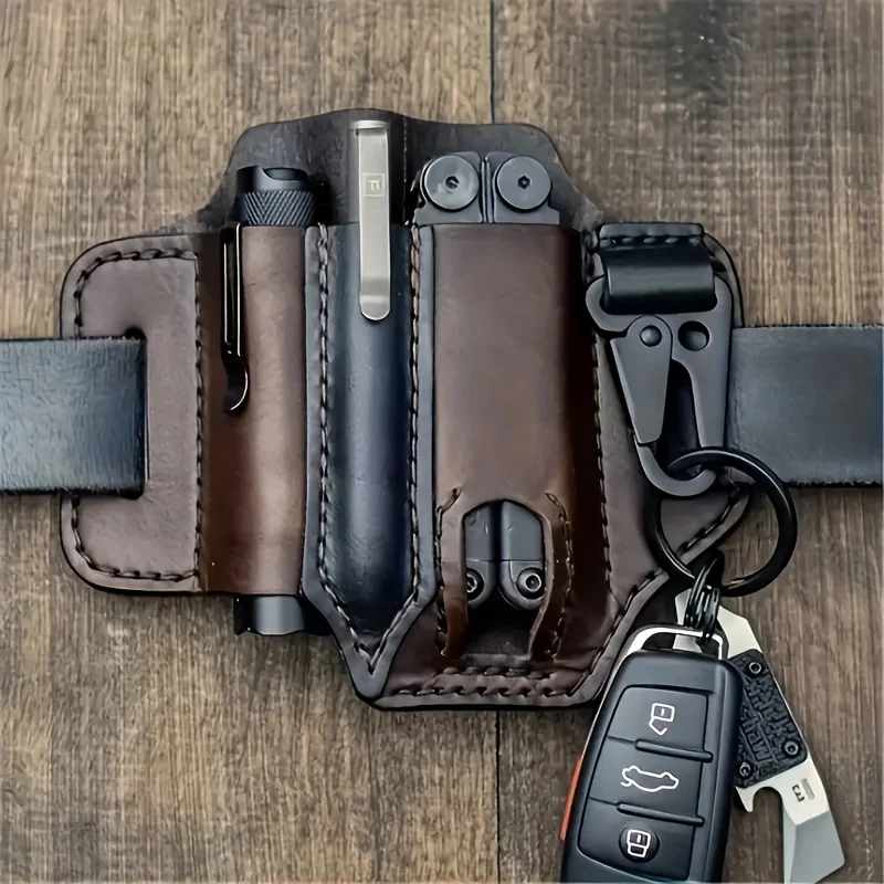 Tactical Synthetic Leather Waist Bag - Multi-Compartment Pouch for Tools & Flashlight, Durable for Outdoor, Camping, Hiking.