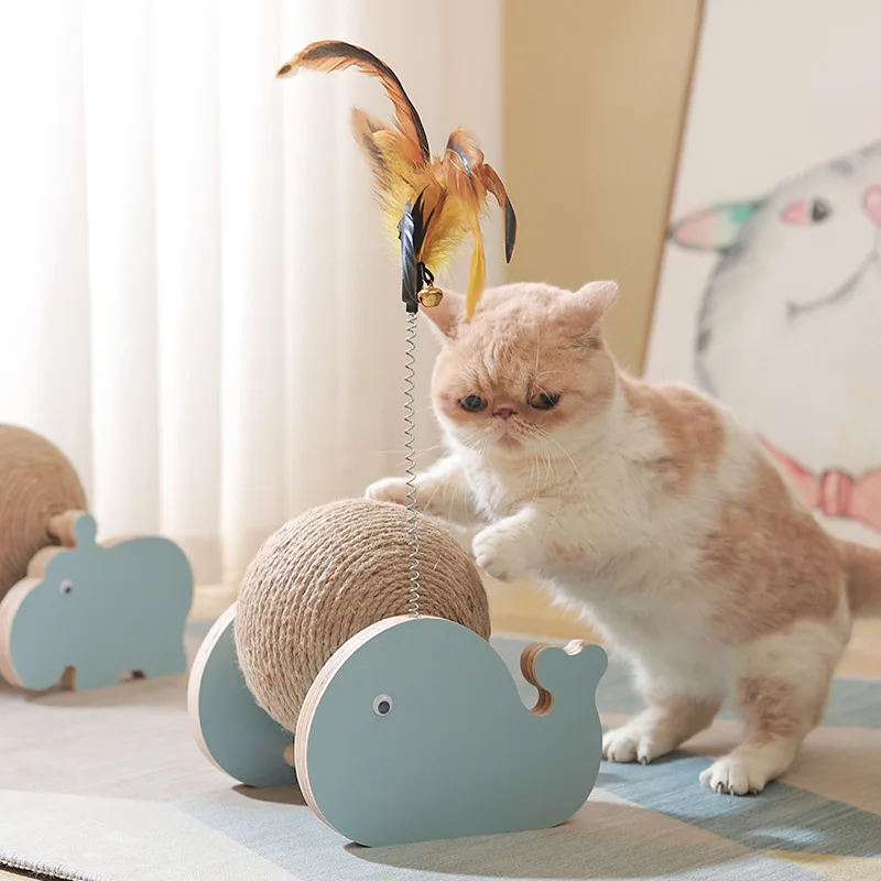 20cm Jouet pour Chat à Boule à gratter, grattoir à Chat en Bois Massif,  Base en Bois Stable et Boule à Rouler en Corde de sisal pour Les Chats Qui