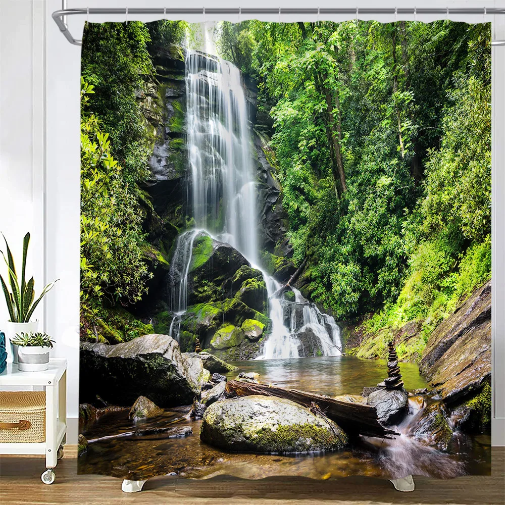 

Лесной водопад, Ландшафтная занавеска для душа, весеннее зеленое дерево, растения, Деревенский природный пейзаж, сад, настенное украшение для дома, ванной комнаты